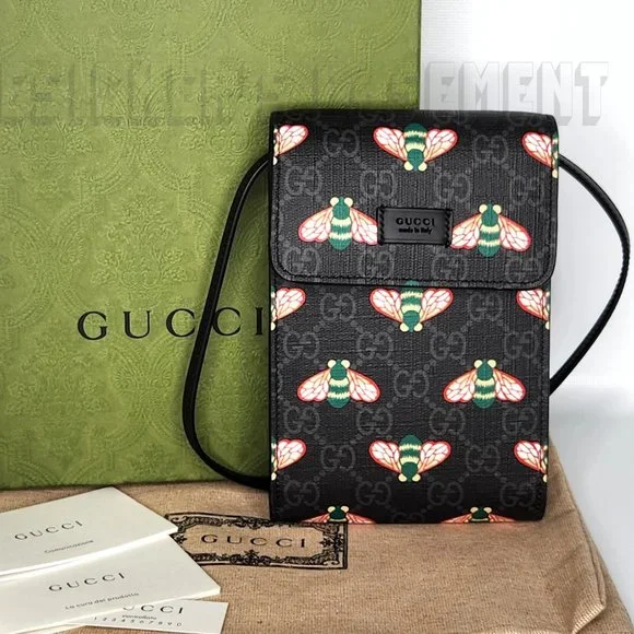 GUCCI black leather BESTIARY Bee GG Supreme black Canvas Cross Body PHONE bag 🎁 - Picture 2 of 5